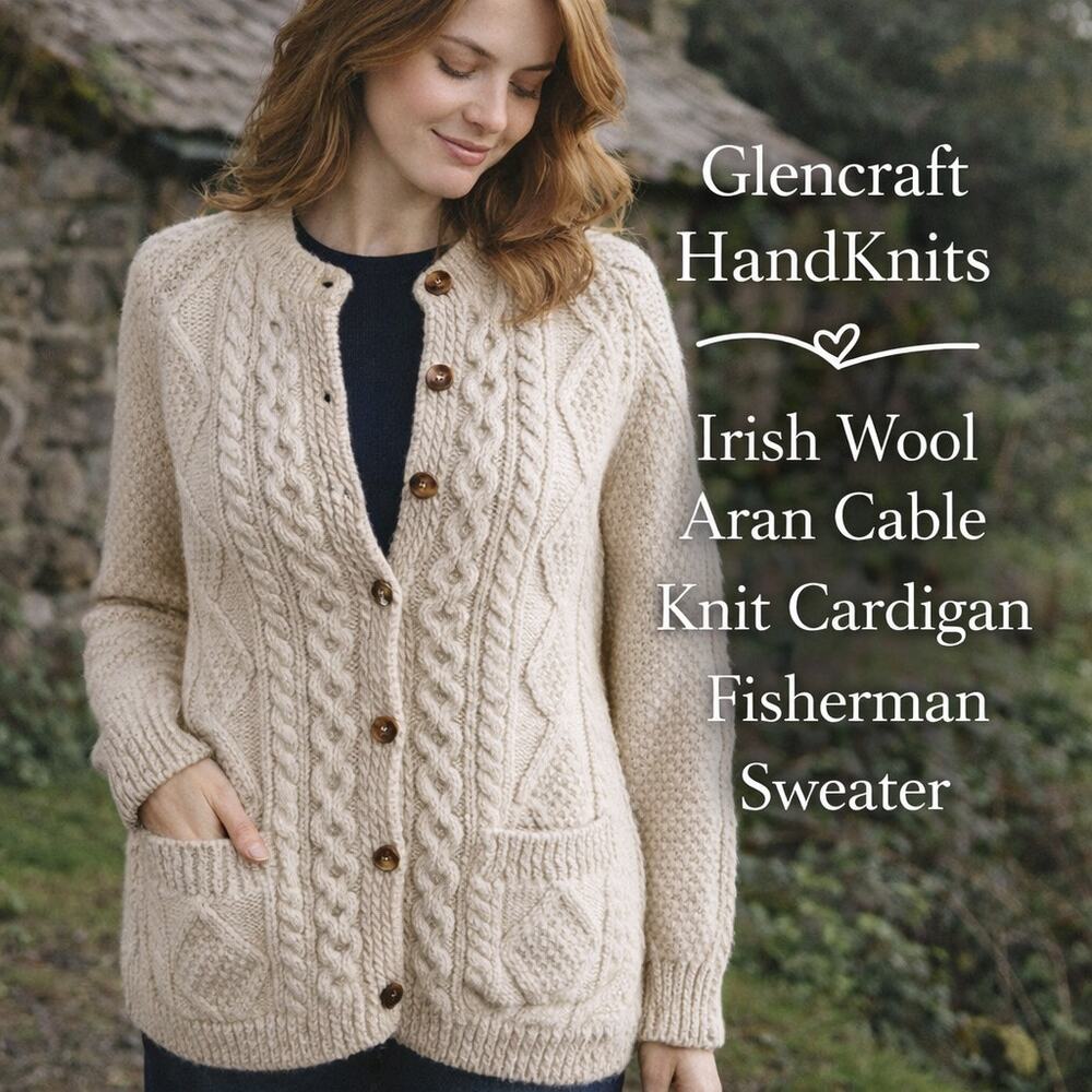Glencraft Handknits Ireland Wool Aran Cable Knit Cardigan Fisherman Sweater